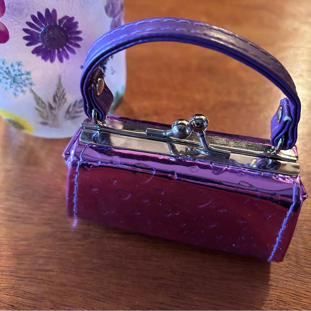 Tic Tok Lipstick Coin Mini Purse Purple Handle Purple Hearts Clasp Closure